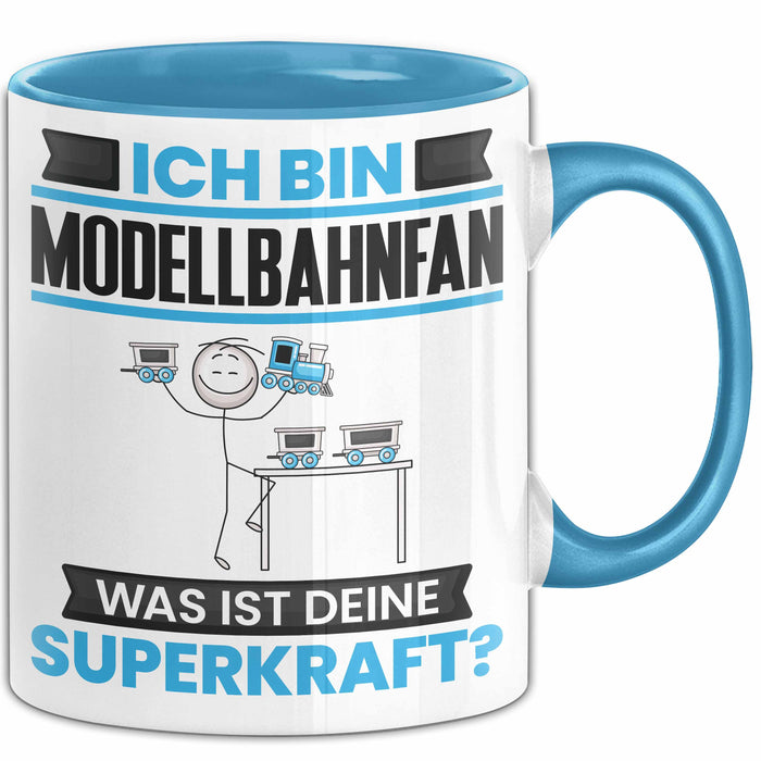 Modellbahnfan Tasse Geschenk für Modellbahnfan Geburtstag Lustiger Spruch Kaffee-Becher Was Ist Deine Superkraft Blau Trendation