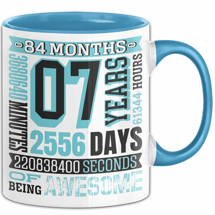 Tasse 07 Jahre Jubiläum Design mit Zeitangaben, Geschenkidee Blau Trendation