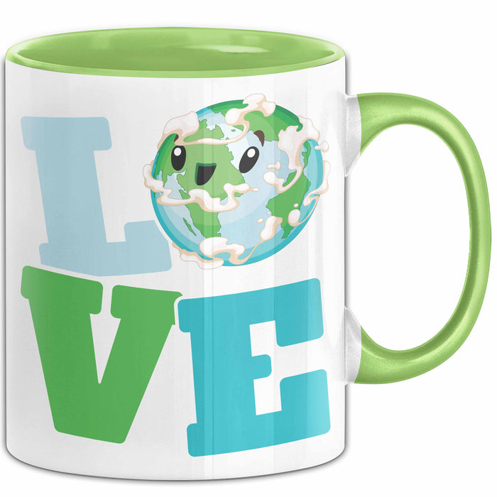 Erde Tasse Geschenk LOVE Schriftzug Lächelnde Erde Geschenkidee Grün Trendation