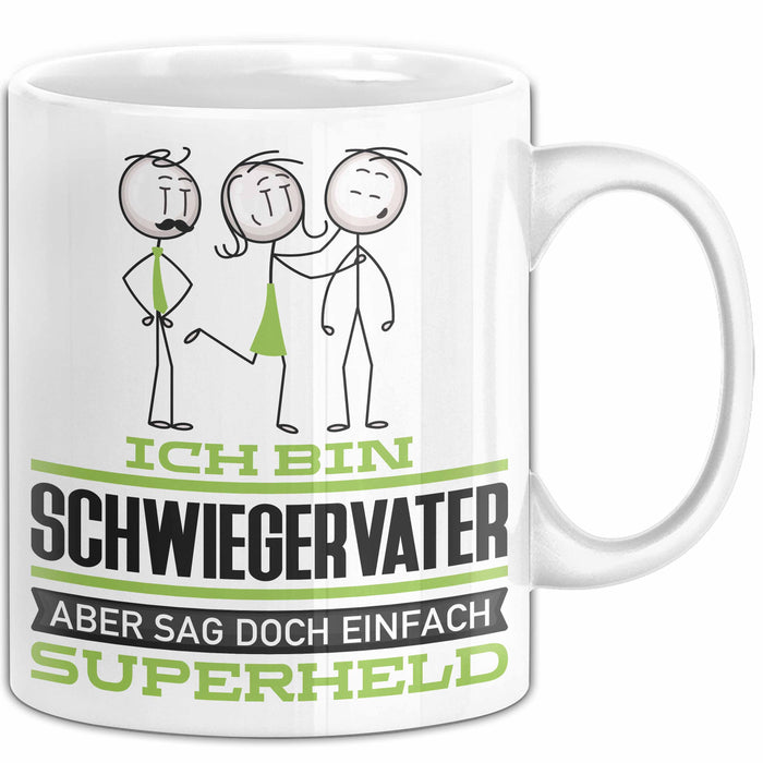 Schwiegervater Geschenk Tasse Ich Bin Schwiegervater Aber Sag Doch Einfach Superheld Lustige Geschenkdiee für Schwiegervater Kaffee-Becher Weiß Trendation
