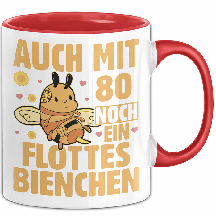 80. Geburtstag Tasse Geschenk Frauen Mutter Lustig Auch mit 80 Noch Ein Flottes Bienchen Kaffee-Becher Rot Trendation