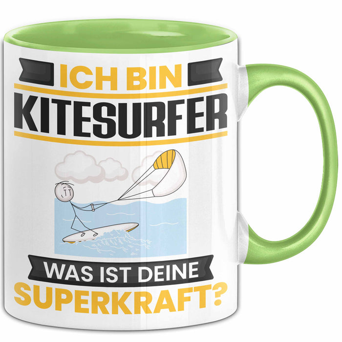 Kitesurfer Tasse Geschenk für Kitesurfer Geburtstag Lustiger Spruch Kaffee-Becher Was Ist Deine Superkraft Grün Trendation