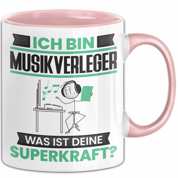 Musikverleger Tasse Geschenk für Musikverleger Geburtstag Lustiger Spruch Kaffee-Becher Was Ist Deine Superkraft Rosa Trendation
