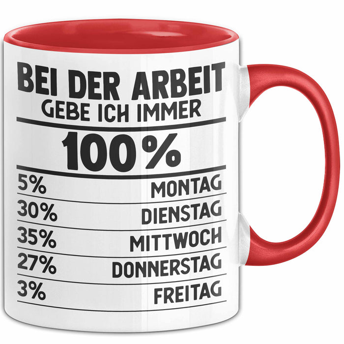 Kollegen Tasse Geschenk Bei Der Arbeit Gebe Ich Immer 100 Prozent Montag Dienstag Kaffee-Becher Rot Trendation