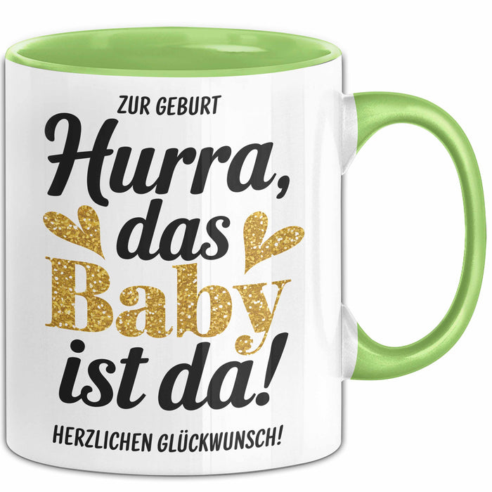 Baby Geburt Neue Eltern Tasse Geschenk Lustige Geschenkidee Spruch Das Baby Ist Da Grün Trendation