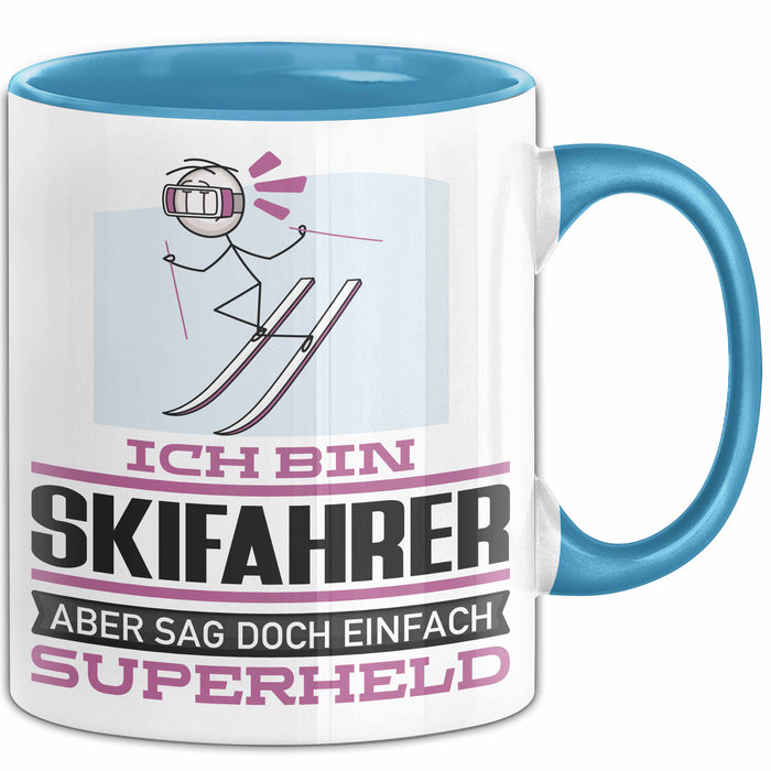 Skifahrer Geschenk Tasse Ich Bin Skifahrer Aber Sag Doch Einfach Superheld Lustige Geschenkdiee für Skifahrer Kaffee-Becher Blau Trendation