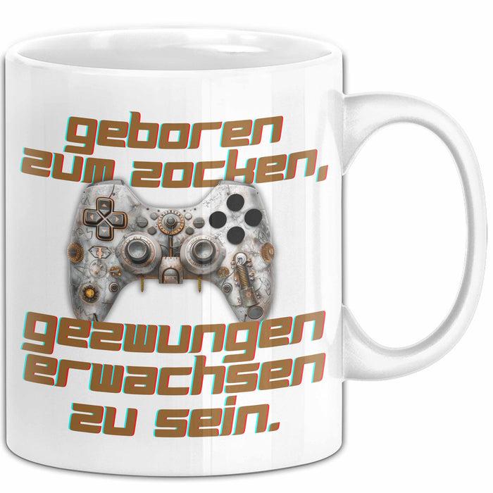 Humor Tasse Gamer – Geboren zum Zocken, gezwungen erwachsen zu sein – Lustiger Kaffee-Becher Geschenk für Gamer und Zocker Lustig Weiß Trendation