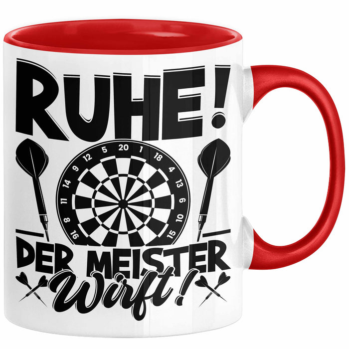 Dart-Spieler Geschenk Tasse Kaffee-Becher Darts Geschenkidee Spruch Geburtstag Ruhe Der Meister Wirft Rot Trendation