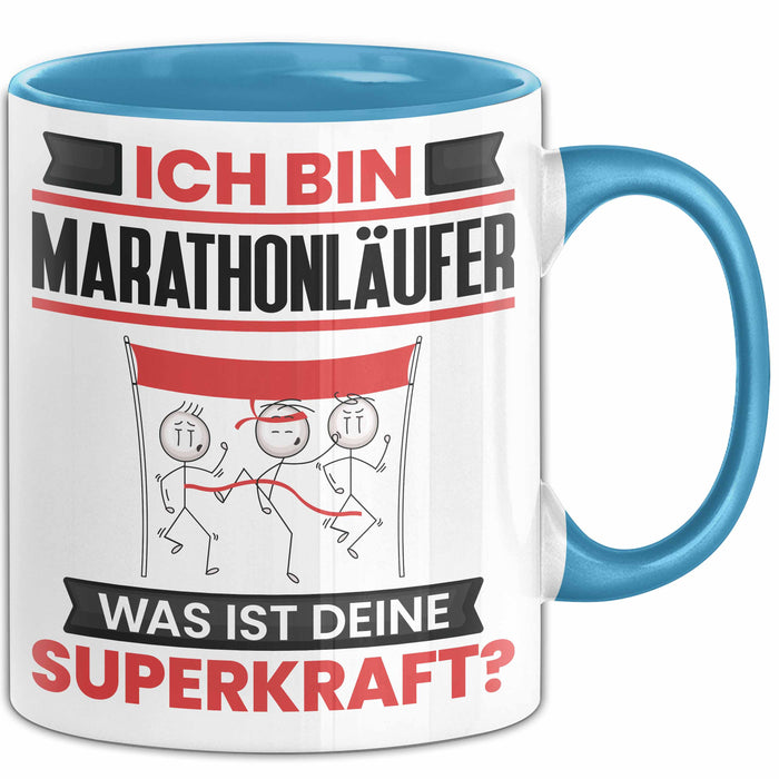 Marathonläufer Tasse Geschenk für Marathonläufer Geburtstag Lustiger Spruch Kaffee-Becher Was Ist Deine Superkraft Blau Trendation