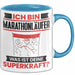 Marathonläufer Tasse Geschenk für Marathonläufer Geburtstag Lustiger Spruch Kaffee-Becher Was Ist Deine Superkraft Blau Trendation