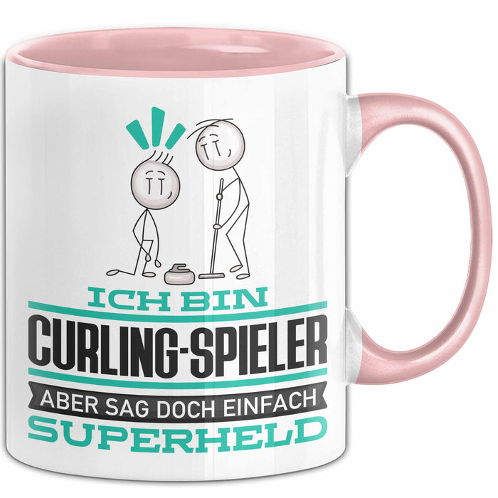 Curling-Spieler Geschenk Tasse Ich Bin Curling-Spieler Aber Sag Doch Einfach Superheld Lustige Geschenkdiee für Curling-Spieler Kaffee-Becher Rosa Trendation