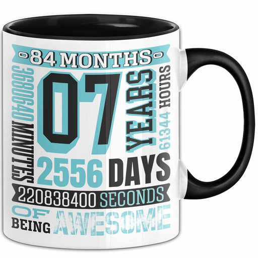Tasse 07 Jahre Jubiläum Design mit Zeitangaben, Geschenkidee Schwarz Trendation