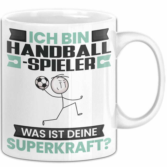 Handballspieler Tasse Geschenk für Handballspieler Geburtstag Lustiger Spruch Kaffee-Becher Was Ist Deine Superkraft Weiß Trendation