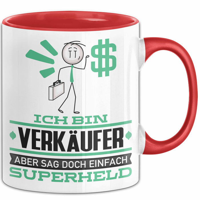 Verkäufer Geschenk Tasse Ich Bin Verkäufer Aber Sag Doch Einfach Superheld Lustige Geschenkdiee für Verkäufer Kaffee-Becher Rot Trendation