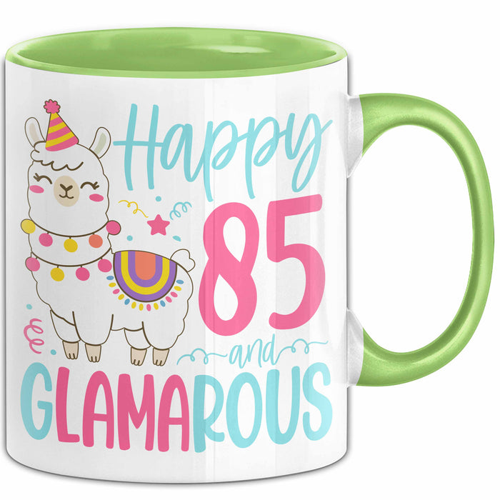 85er Geburtstag Tasse Geschenk Happy 85 And Glamarous Llama Alpaka Liebhaber Geschenkidee zum Geburtstag Grün Trendation
