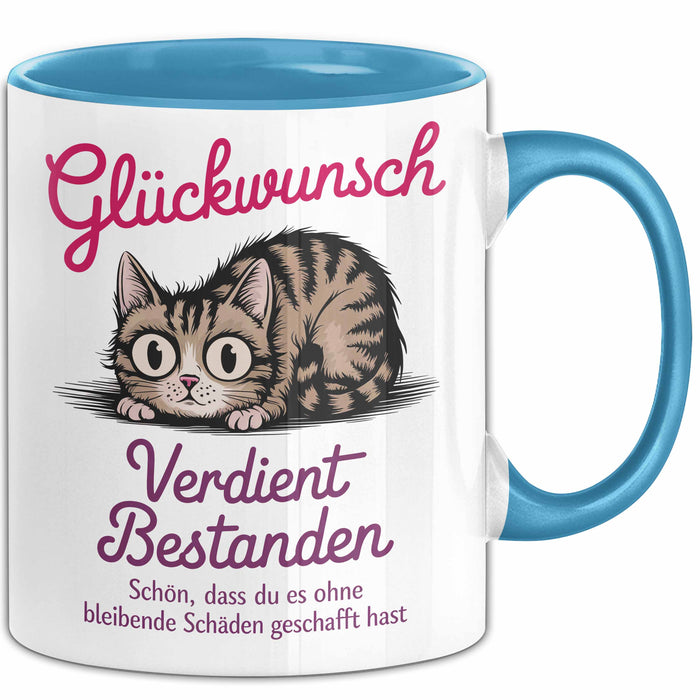 Schüler Abschluss Tasse Geschenk Lustige Geschenkidee Spruch Glückwunsch Verdient Bestanden Blau Trendation