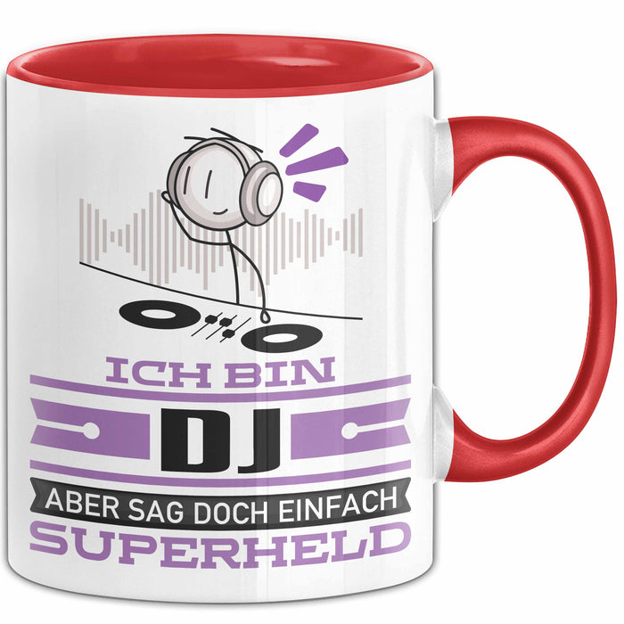 DJ Geschenk Tasse Ich Bin DJ Aber Sag Doch Einfach Superheld Lustige Geschenkdiee für DJ Kaffee-Becher Rot Trendation