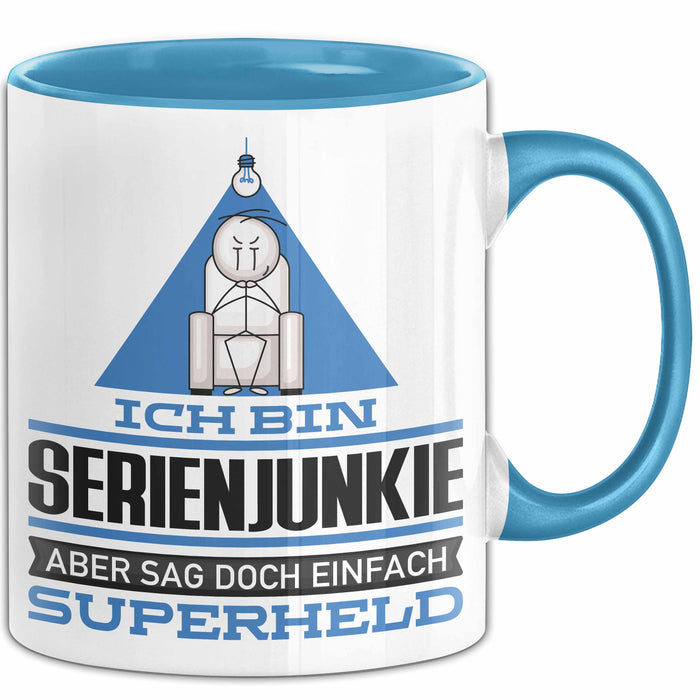 Serienjunkie Geschenk Tasse Ich Bin Serienjunkie Aber Sag Doch Einfach Superheld Lustige Geschenkdiee für Serienjunkie Kaffee-Becher Blau Trendation