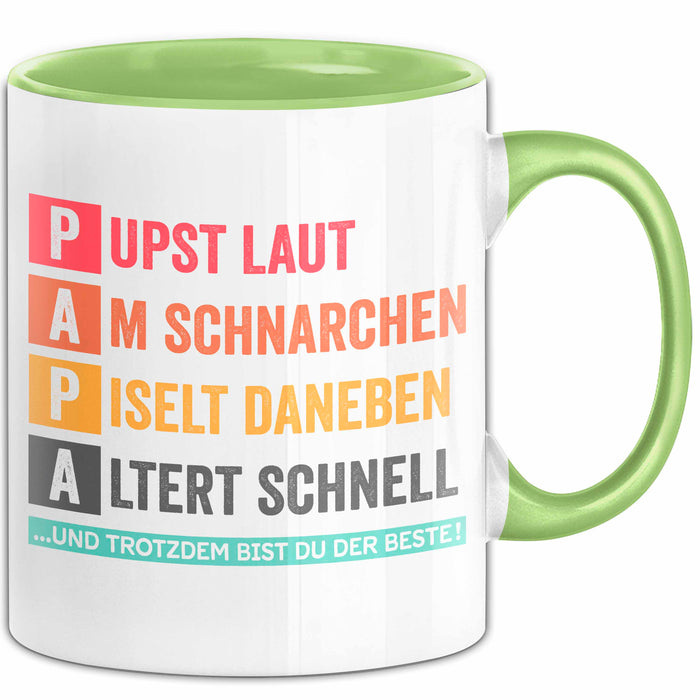 Papa Vatertag Tasse Geschenk Lustige Geschenkidee Spruch Pupst Laut Am Schnarchen Pisel Daneben Grün Trendation