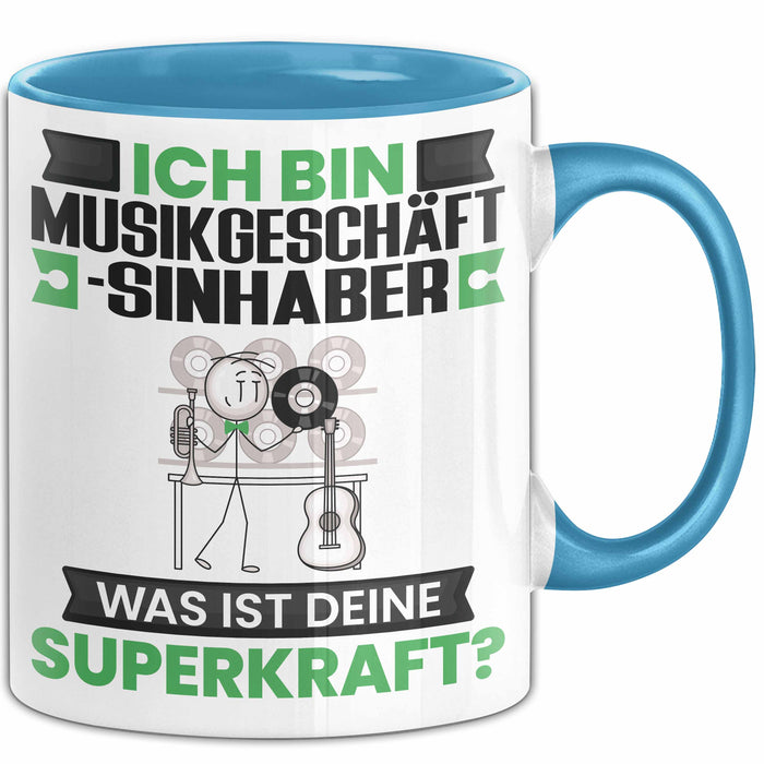 Musikgeschäftsinhaber Tasse Geschenk für Musikgeschäftsinhaber Geburtstag Lustiger Spruch Kaffee-Becher Was Ist Deine Superkraft Blau Trendation