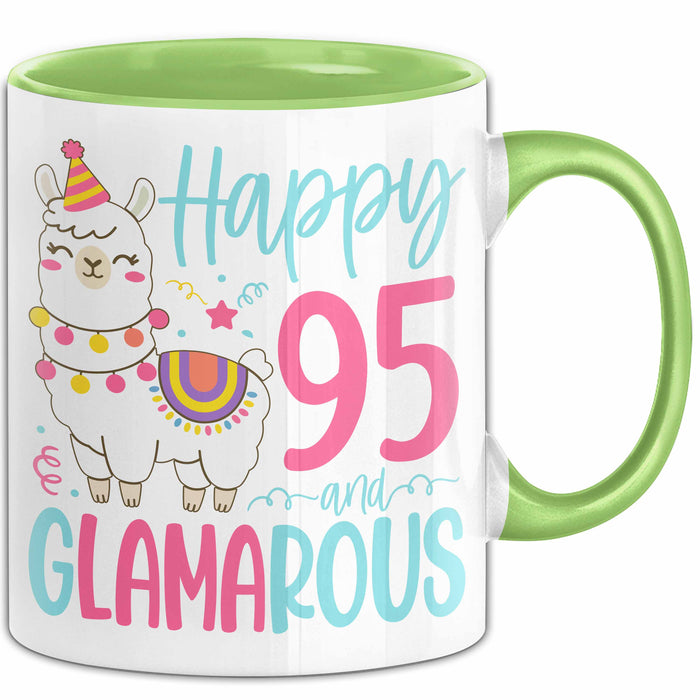 95er Geburtstag Tasse Geschenk Happy 95 And Glamarous Llama Alpaka Liebhaber Geschenkidee zum Geburtstag Grün Trendation