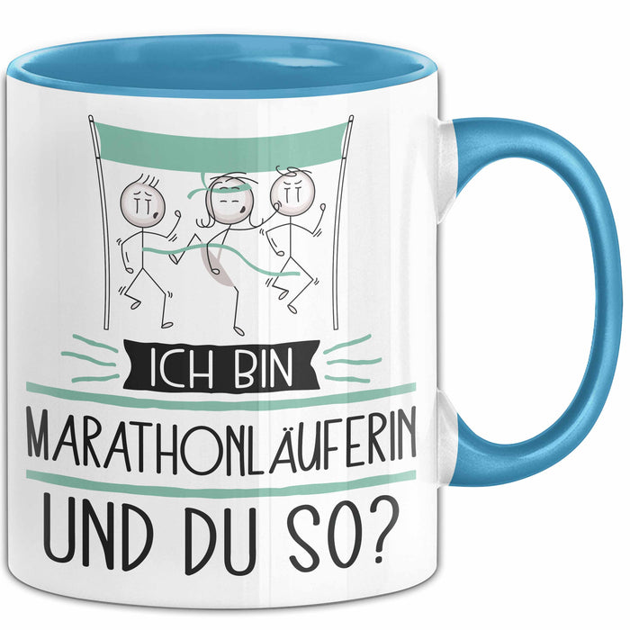 Marathonläuferin Tasse Geschenk Ich Bin Marathonläuferin Und Du So Geschenkidee Lustiger Spruch Becher Blau Trendation