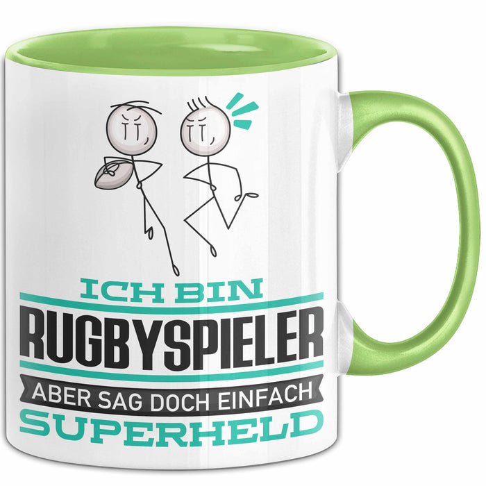 Rugbyspieler Geschenk Tasse Ich Bin Rugbyspieler Aber Sag Doch Einfach Superheld Lustige Geschenkdiee für Rugbyspieler Kaffee-Becher Grün Trendation