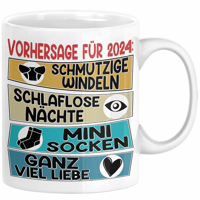 Schwangerschaft Verkünden 2025 Tasse Geschenk Mann Vorhersage für 2025 Schmutzige Windeln Schlaflose Nächte Kaffee-Becher Weiß Trendation
