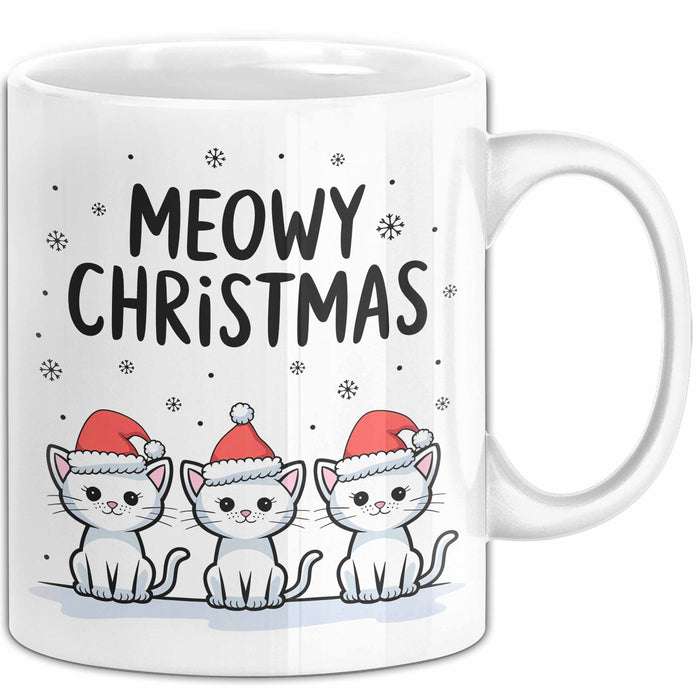 Katze Weihnachtsfeier Tasse Geschenk Lustige Geschenkidee Spruch Meowy Christmas Weiß Trendation