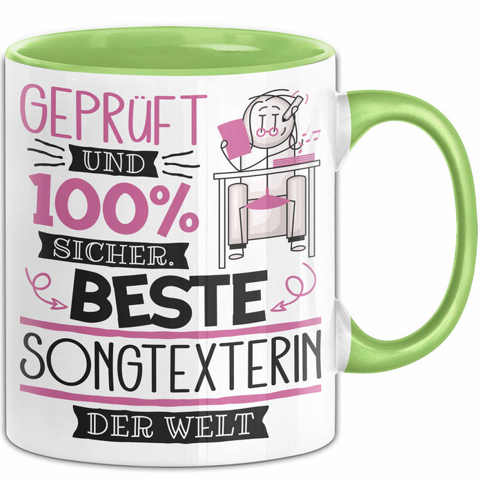 Beste Songtexterin Der Welt Tasse Geschenk für Eine Songtexterin Geprüft Und Sicher Geschenkidee Geburtstag Weihnachten Grün Trendation