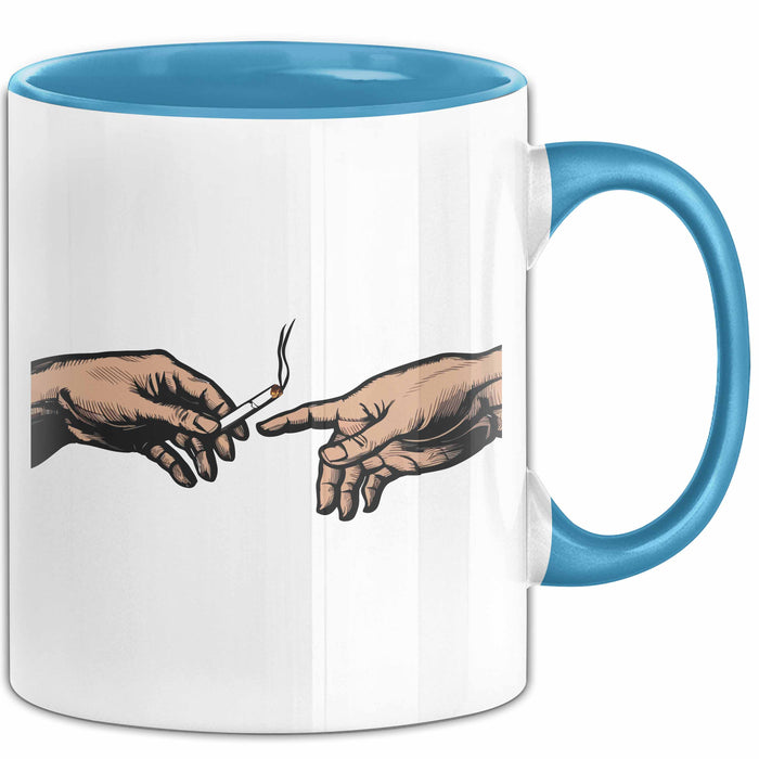 Raucher Tasse Geschenk Erschaffung Von Adam Kunst Geschenkidee 2 Hände Finger Joint Kiffer Blau Trendation