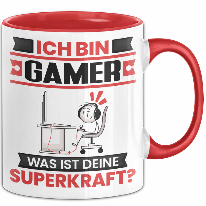 Gamer Tasse Geschenk für Gamer Geburtstag Lustiger Spruch Kaffee-Becher Was Ist Deine Superkraft Rot Trendation