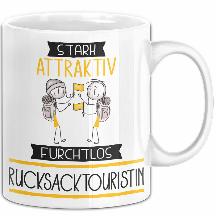 Rucksacktouristin Tasse Geschenk Becher Stark Attraktiv Furchtlos Rucksacktouristin Lustige Geschenkidee Weiß Trendation