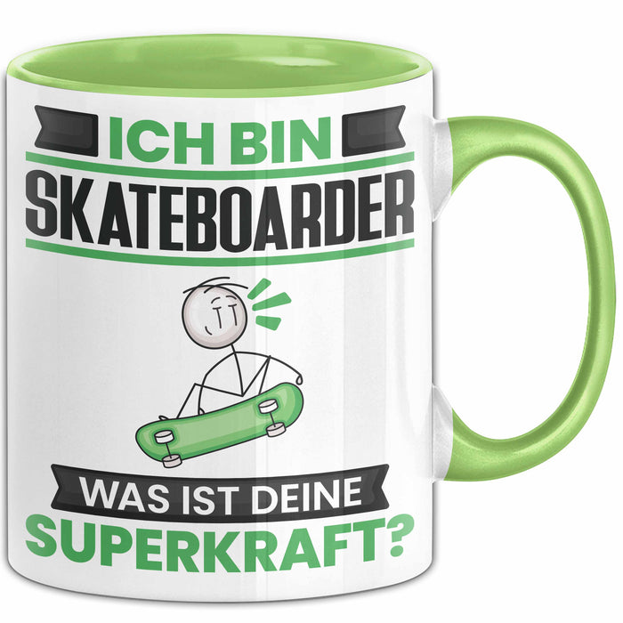 Skateboarder Tasse Geschenk für Skateboarder Geburtstag Lustiger Spruch Kaffee-Becher Was Ist Deine Superkraft Grün Trendation