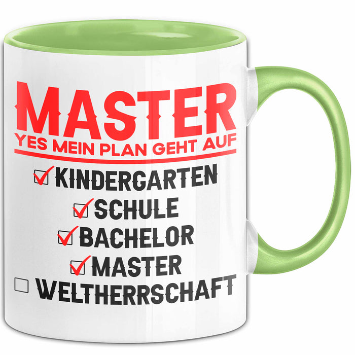 Master Absolvent Abschluss Tasse Geschenk Lustige Geschenkidee Spruch Master Yes Mein Plan Geht Auf Grün Trendation