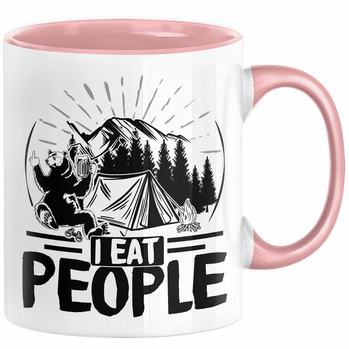 Camping Tasse Geschenk I Eat People Bär Kaffee-Becher Geschenkidee Camper Outdoor Rosa Trendation