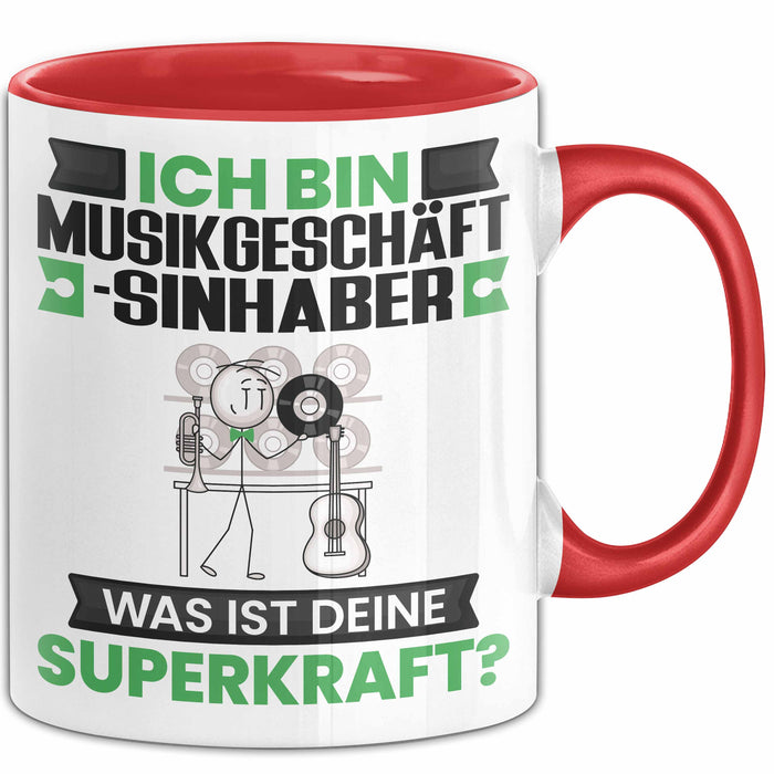 Musikgeschäftsinhaber Tasse Geschenk für Musikgeschäftsinhaber Geburtstag Lustiger Spruch Kaffee-Becher Was Ist Deine Superkraft Rot Trendation