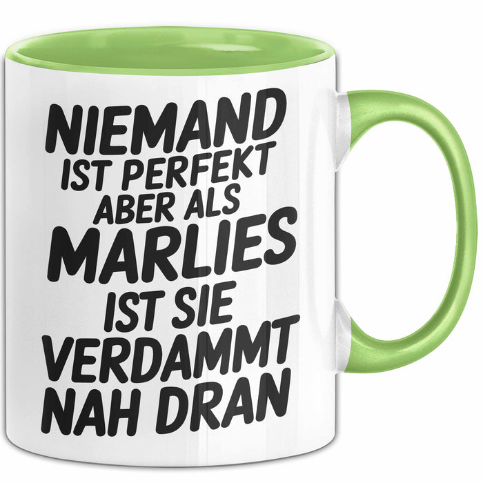 Marlies Tasse Geschenk Niemand Ist Perfekt Marlies Verdammt Nah Dran Geschenkidee Grün Trendation