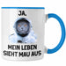 Dank Meme Tasse Katzen Besitzer Wortspiel Ja Mein Leben Sieht Mau Aus Traurige Katze Geschenkidee Süße Katze Astronaut Blau Trendation