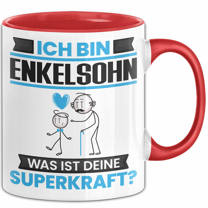 Enkelsohn Tasse Geschenk für Enkelsohn Geburtstag Lustiger Spruch Kaffee-Becher Was Ist Deine Superkraft Rot Trendation