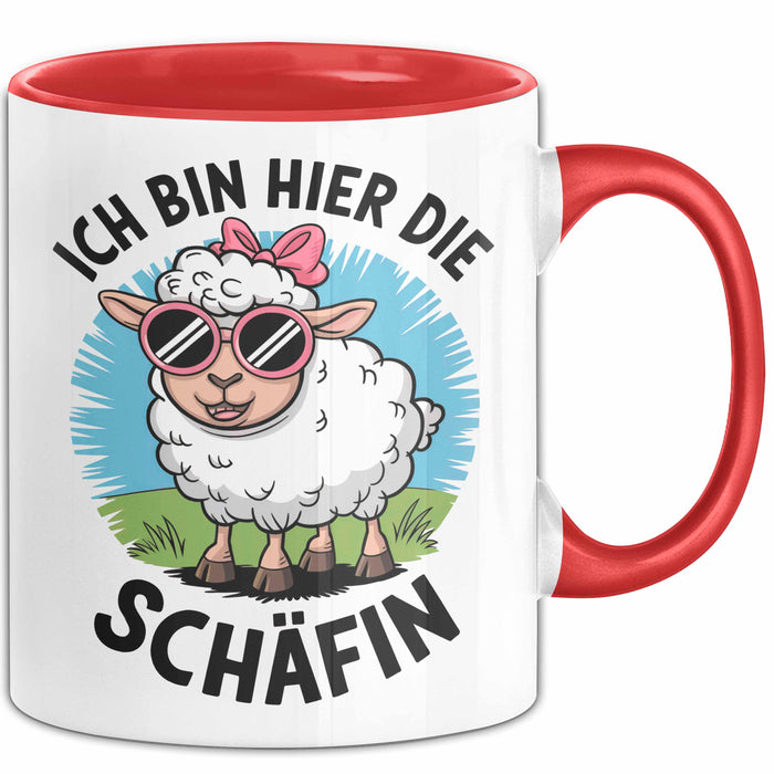 Schaf Tier Tasse Geschenk Lustige Geschenkidee Spruch Ich bin hier die Schäffin Rot Trendation