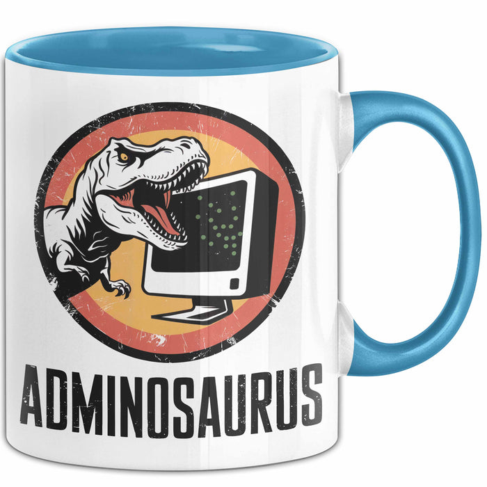 IT Informatiker Nerd Tasse Geschenk Adminosaurus Spruch Blau Trendation