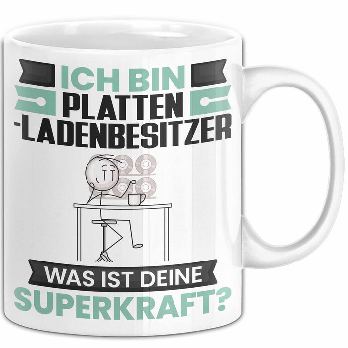 Plattenladenbesitzer Tasse Geschenk für Plattenladenbesitzer Geburtstag Lustiger Spruch Kaffee-Becher Was Ist Deine Superkraft Weiß Trendation