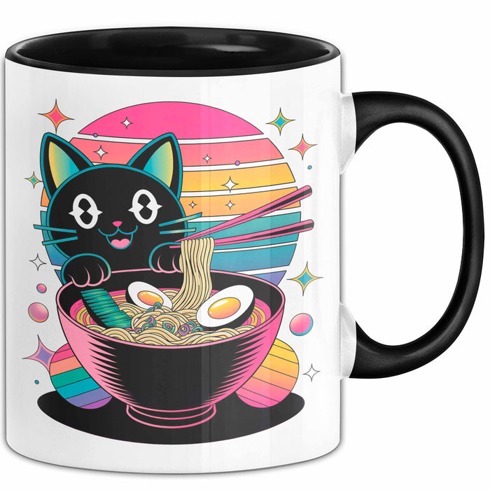Katzen Tierliebhaber Tasse Geschenk Lustige Geschenkidee Spruch Katze Isst Ramen Nudeln Schwarz Trendation