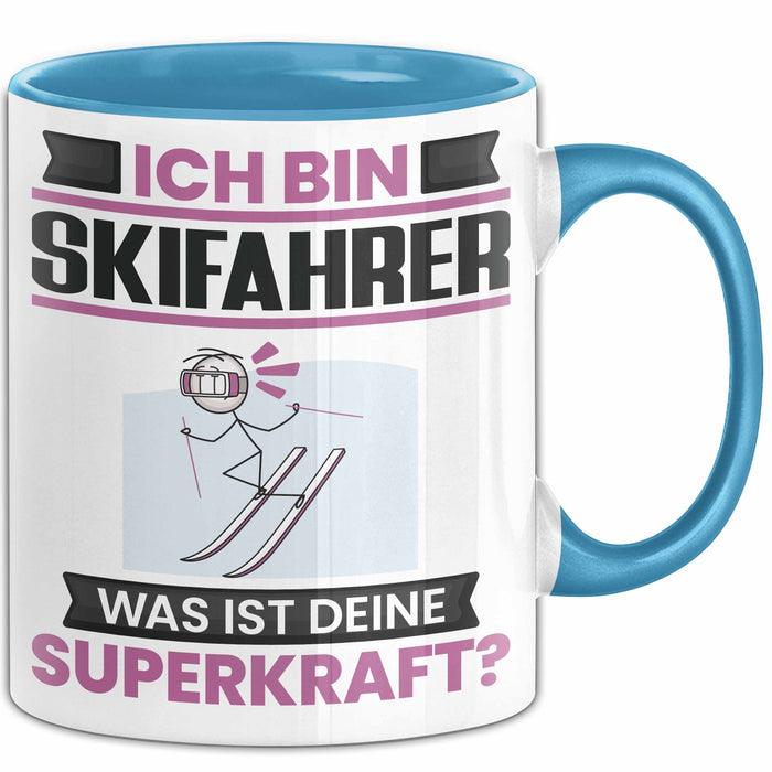 Skifahrer Tasse Geschenk für Skifahrer Geburtstag Lustiger Spruch Kaffee-Becher Was Ist Deine Superkraft Blau Trendation
