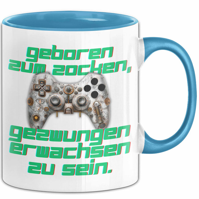 Humor Tasse Gamer – Geboren zum Zocken, gezwungen erwachsen zu sein – Lustiger Kaffee-Becher Geschenk für Gamer & Zocker Blau Trendation