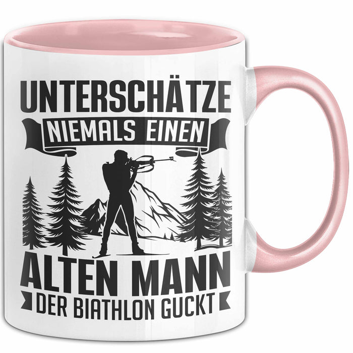 Biathlon Tasse Geschenk Wintersport Geschenke Unterschätze Niemals Einen Alten Mann Der Biathlon Guckt Rosa Trendation