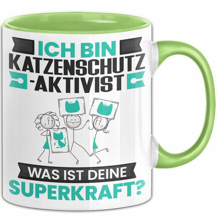 Katzenschutzaktivist Tasse Geschenk für Katzenschutzaktivist Geburtstag Lustiger Spruch Kaffee-Becher Was Ist Deine Superkraft Grün Trendation
