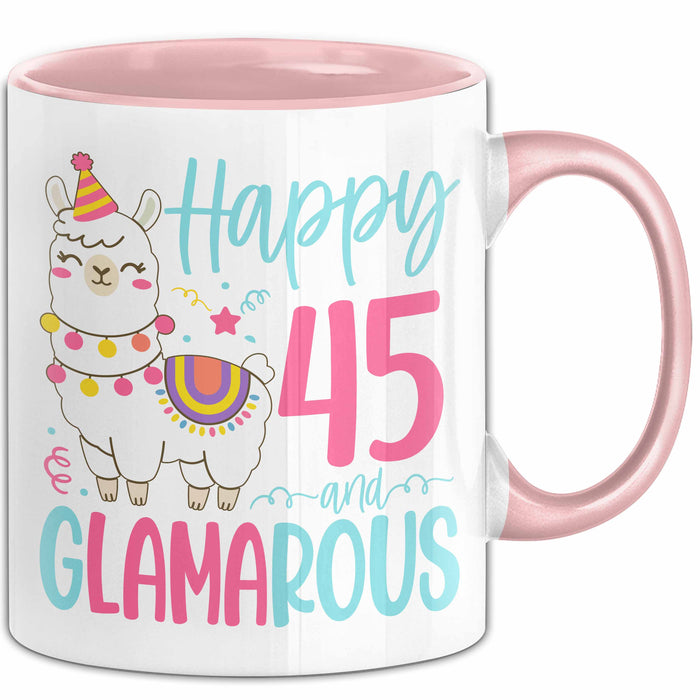 45er Geburtstag Tasse Geschenk Happy 45 And Glamarous Llama Alpaka Liebhaber Geschenkidee zum Geburtstag Rosa Trendation
