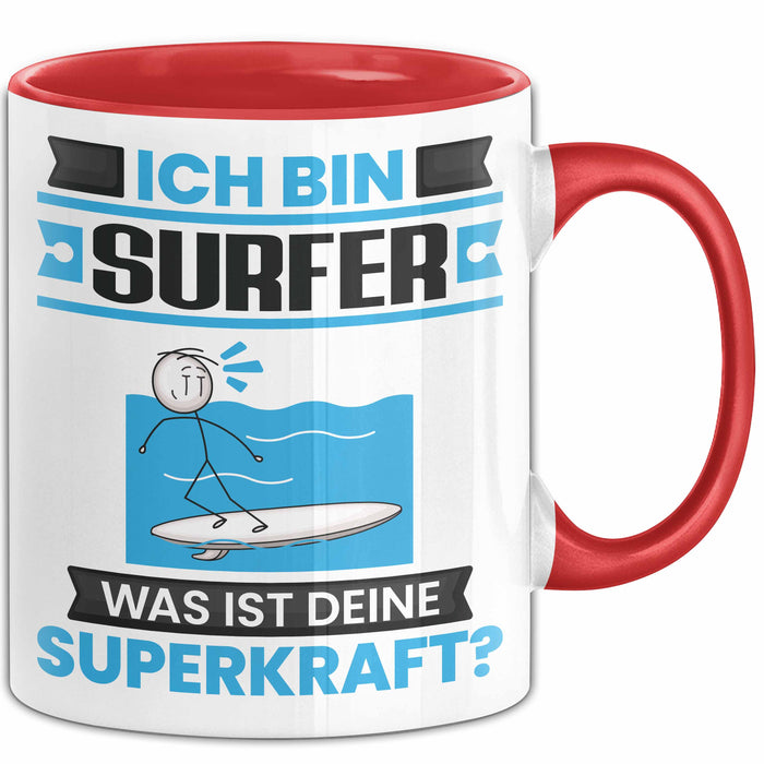 Surfer Tasse Geschenk für Surfer Geburtstag Lustiger Spruch Kaffee-Becher Was Ist Deine Superkraft Rot Trendation